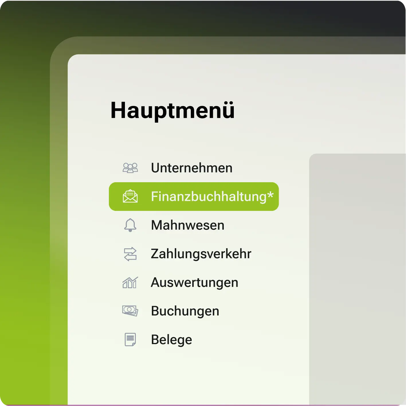 Hauptmenü der digitalen Finanzbuchhaltung
